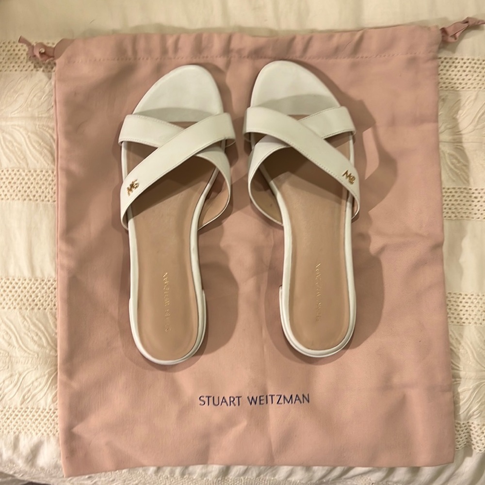 Stuart Weitzman Roza White Leather Flats/Sandals